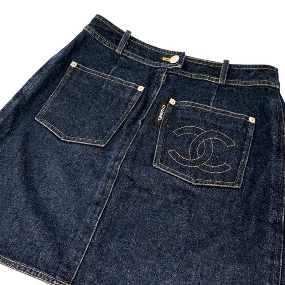 CHANEL Vintage 96P CC Mark Logo Denim Skirt #36 Dark Blue Yellow Cotton [106356] - Picture 7 of 13